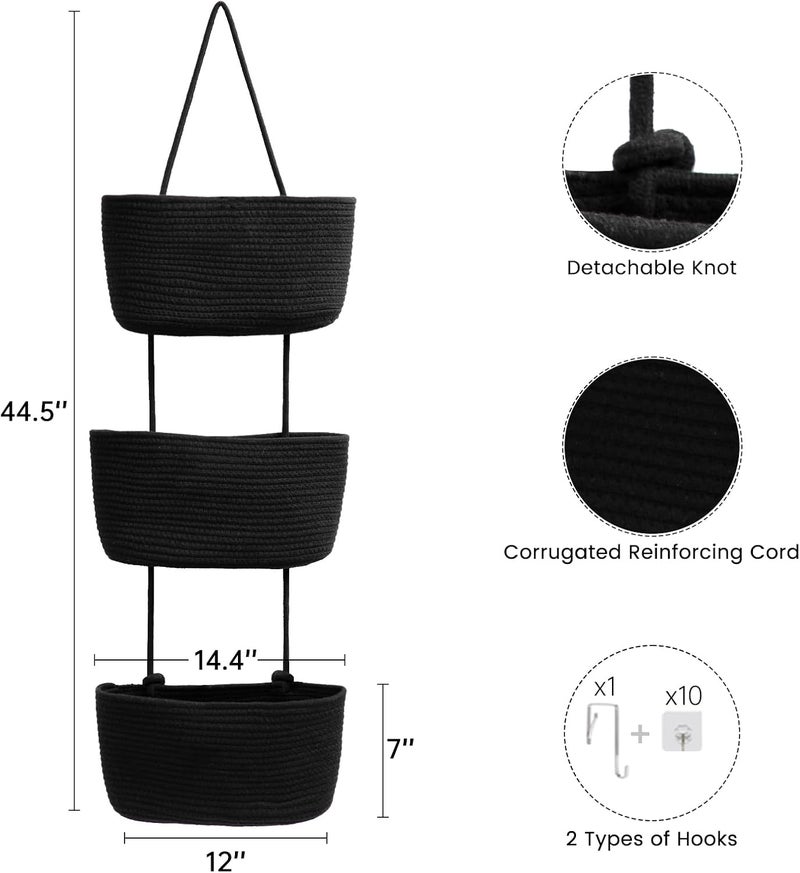 TeoKJ Over the Door Organizer, 3-Tier Woven Cotton Hanging Kitchen Baskets Storage Organizer Bag with Hooks Wall-Mounted Decorative Rope Baskets - Black - Image 1